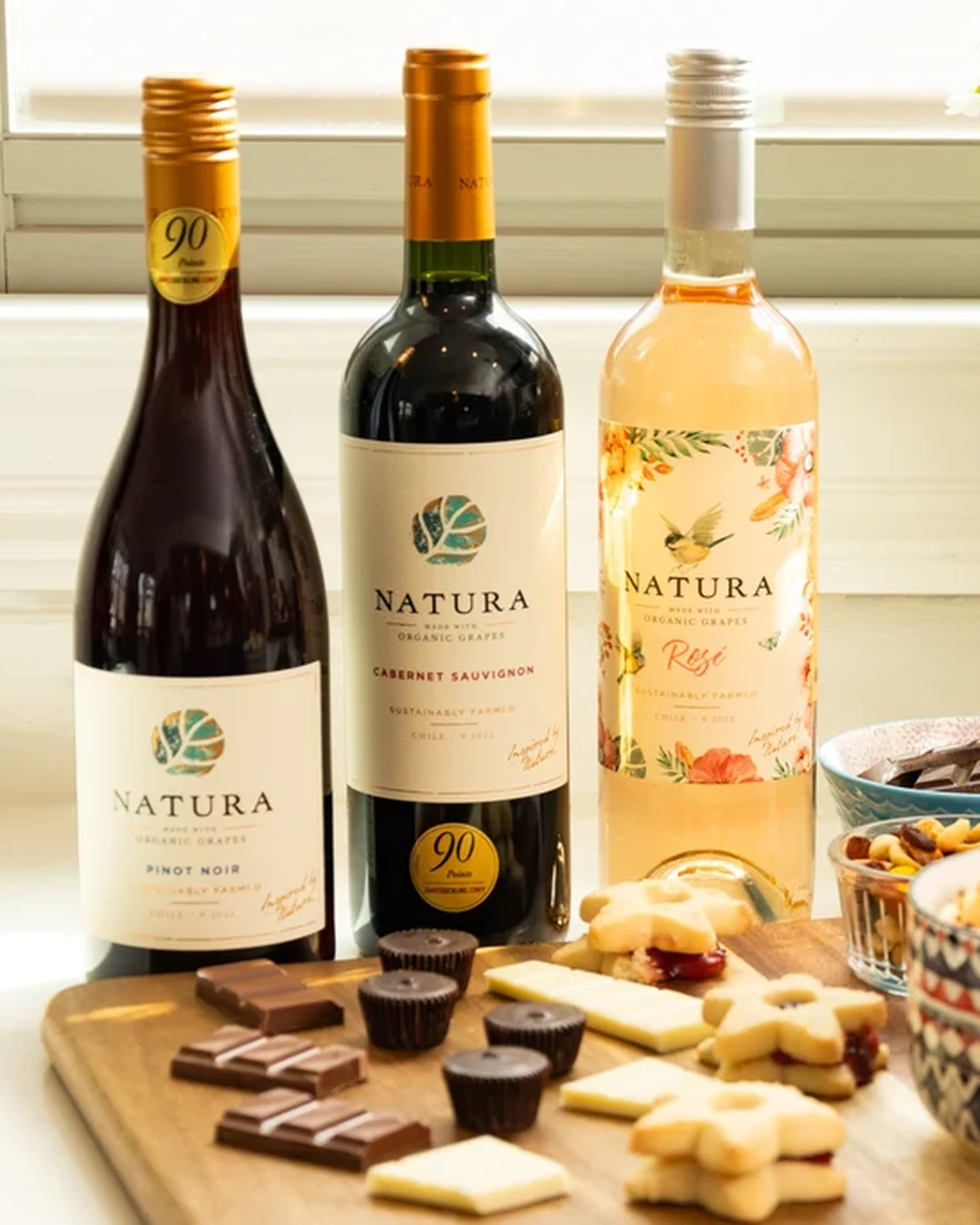 Natura organic grapes trio: Pinot Noir, Cabernet Sauvignon, and Rosé from Chile